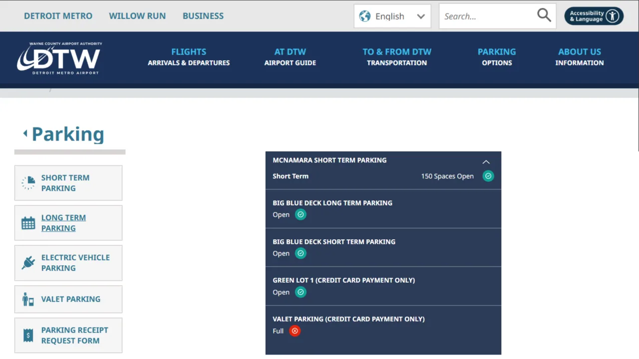 What is the parking availability at DTW airport