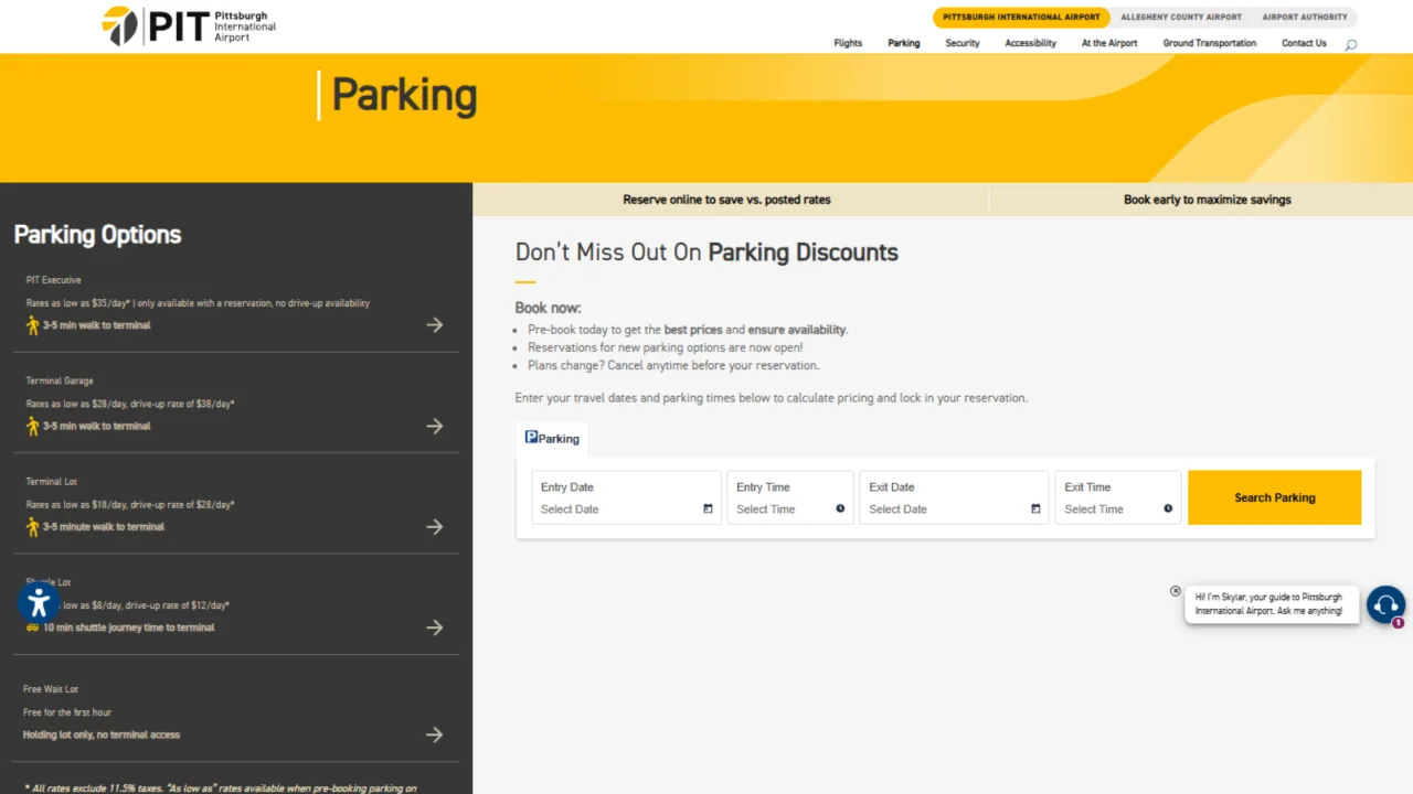 Steps to reserve parking at Pittsburgh Airport