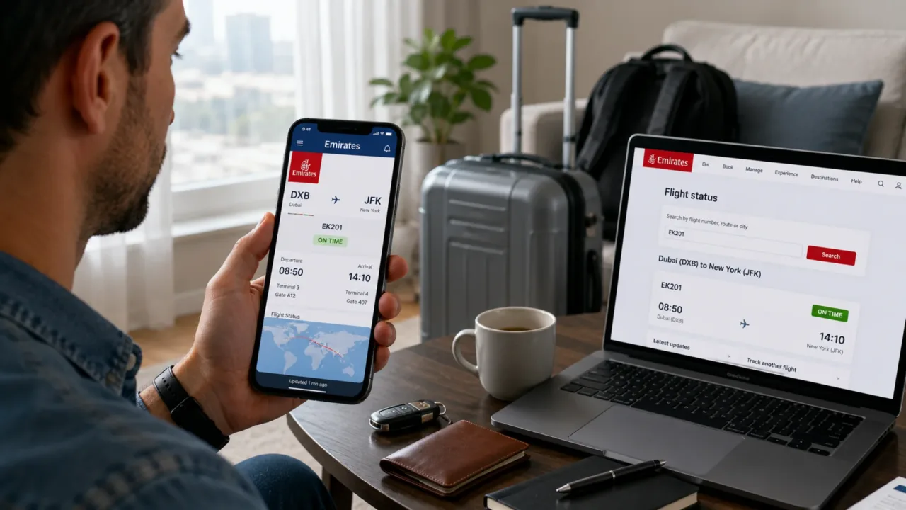 How do I check live Emirates flight status before leaving home