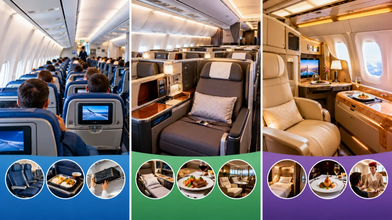 What is the difference between business class, first class, and economy class