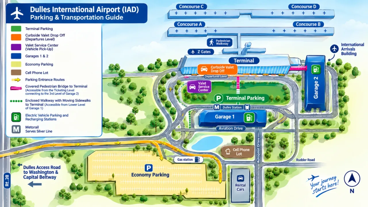 What are different types of parking at Dulles Airport